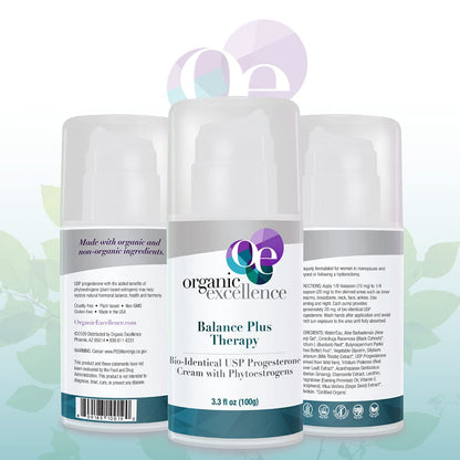 Organic Excellence Balance Plus Therapy – USP Bioidentical Organic Progesterone Cream with Phytoestrogens | Menopause Hormone Balance, 3.3 fl oz