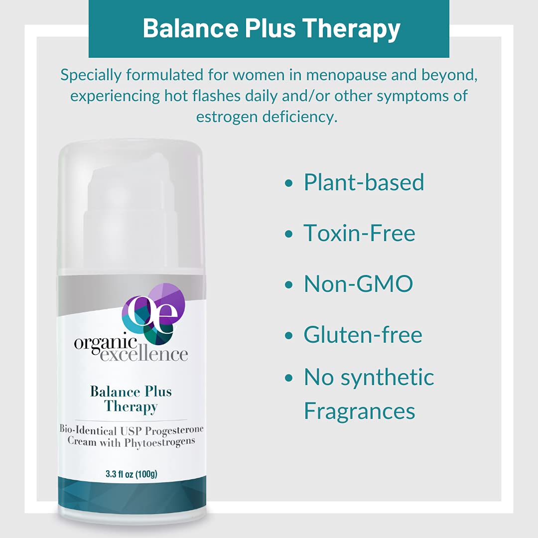 Organic Excellence Balance Plus Therapy – USP Bioidentical Organic Progesterone Cream with Phytoestrogens | Menopause Hormone Balance, 3.3 fl oz