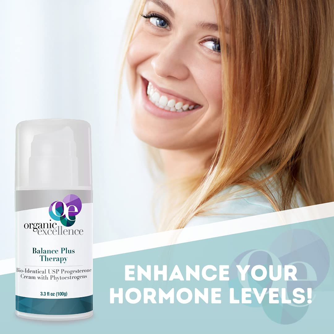 Organic Excellence Balance Plus Therapy – USP Bioidentical Organic Progesterone Cream with Phytoestrogens | Menopause Hormone Balance, 3.3 fl oz
