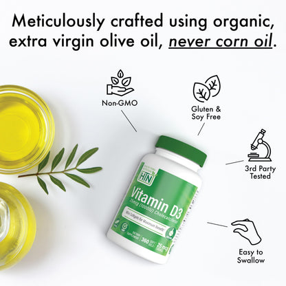 Health Thru Nutrition Vitamin D3 5000IU | 360 Mini Softgels in Organic EVOO | 3rd-Party Tested, Non-GMO USP