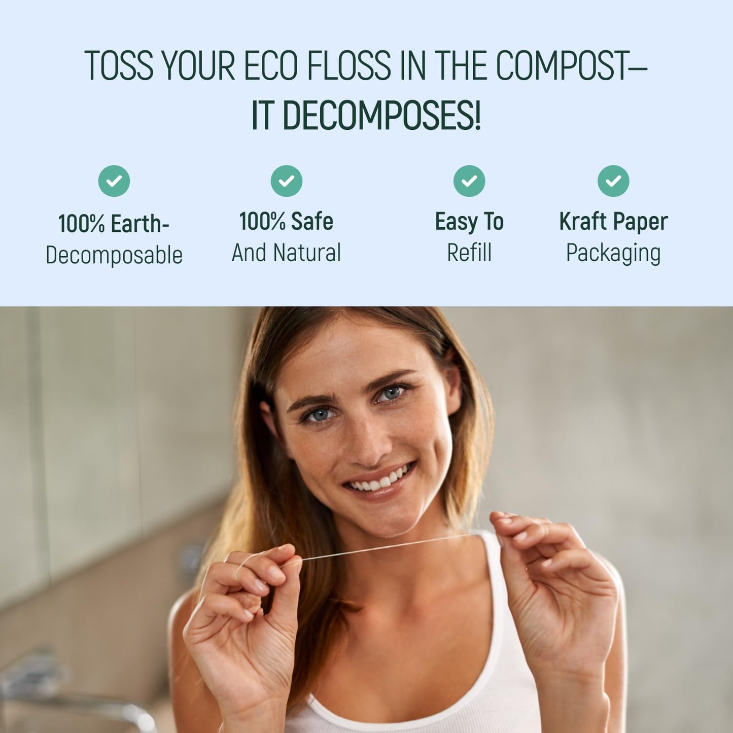 Biodegradable Mint Dental Floss with Refillable Glass Holder – 100% Organic, Compostable, Zero Waste Packaging