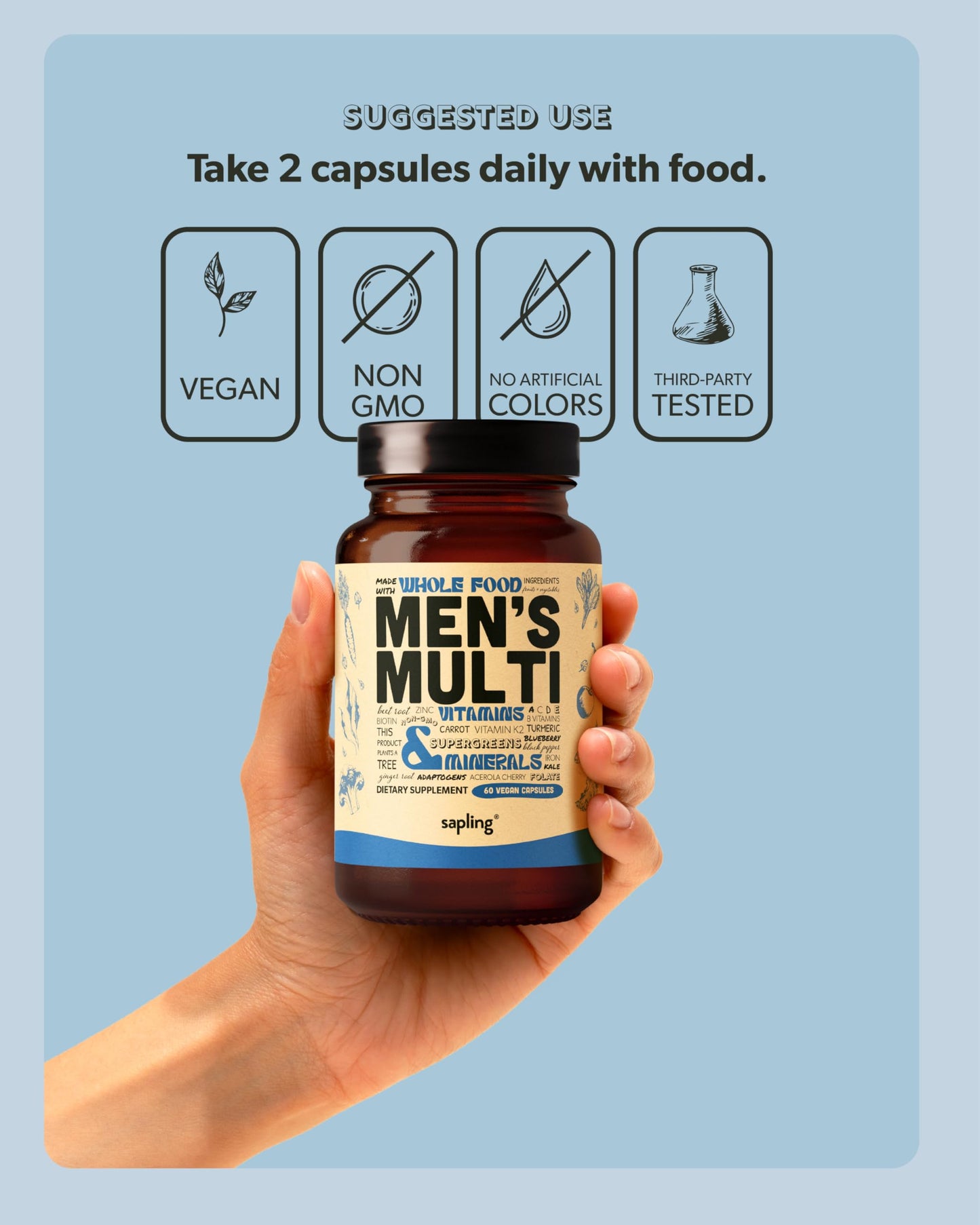 Multivitamin for Men | Daily Methylated B Complex, Whole Food Ingredients | Vegan & Non-GMO | 60 Caps