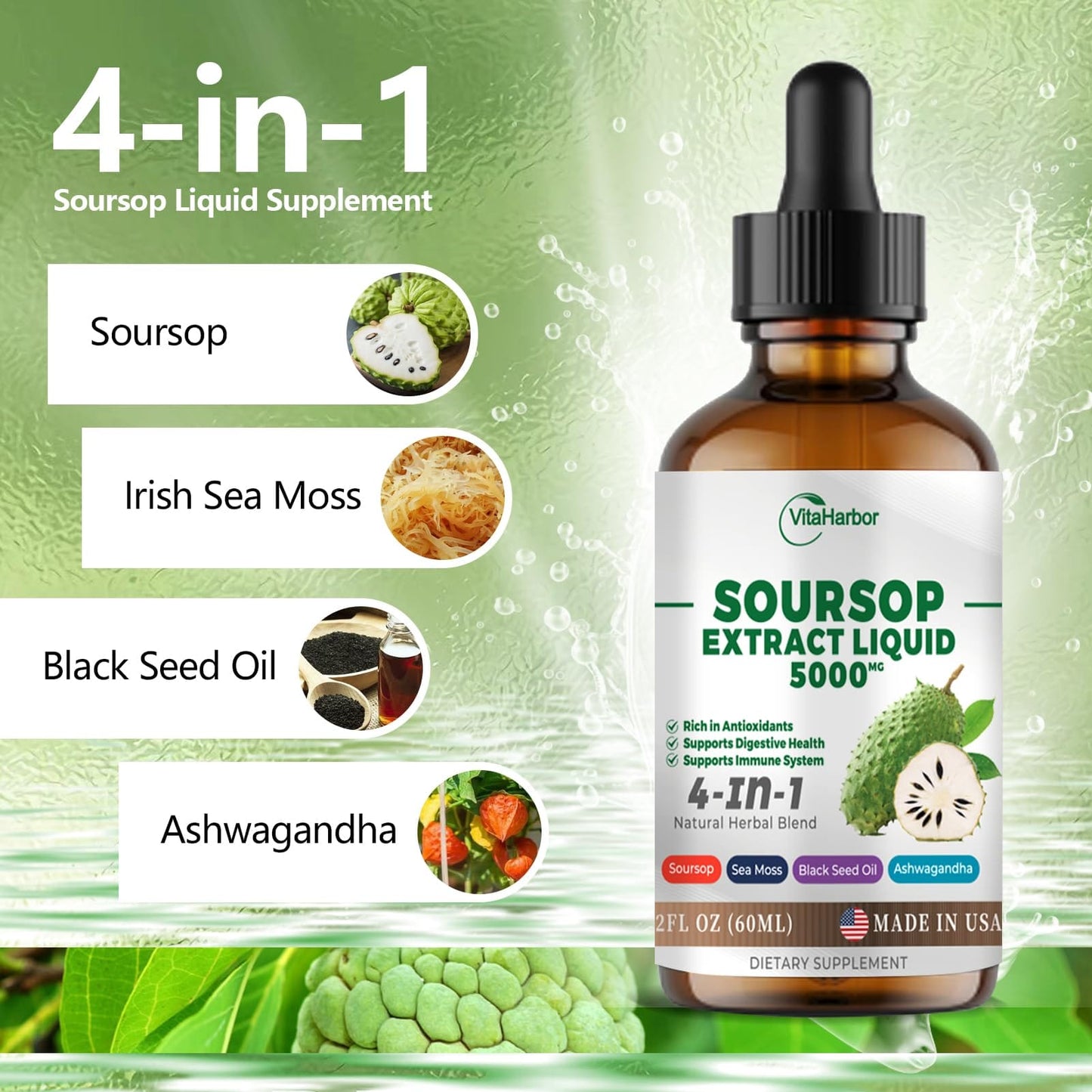 4-in-1 Soursop Bitters Liquid – Sea Moss, Black Seed Oil & Ashwagandha for Immune & Digestive Support (2 oz) | Sugar-Free, Non-GMO, Vegan