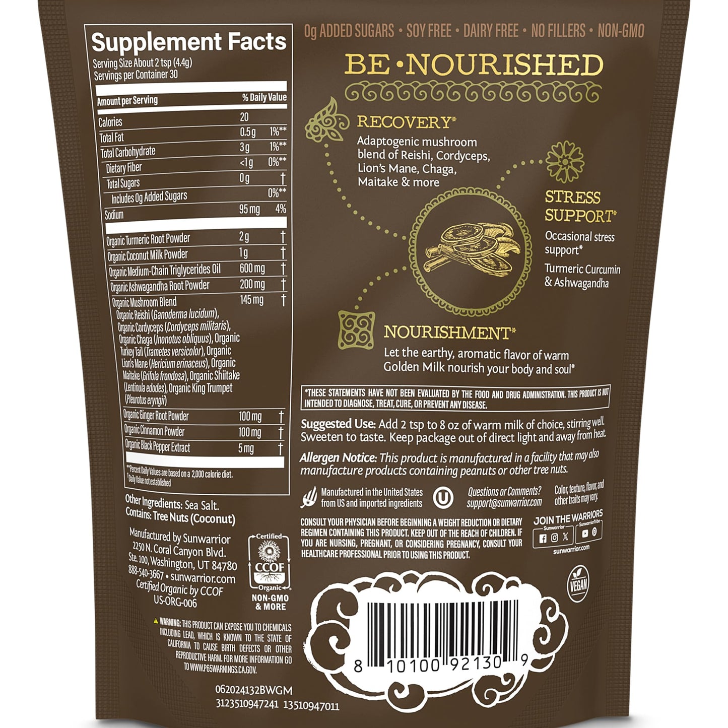 Organic Golden Milk Powder Ashwaghanda Turmeric Curcumin 90g pouch (30 srv)