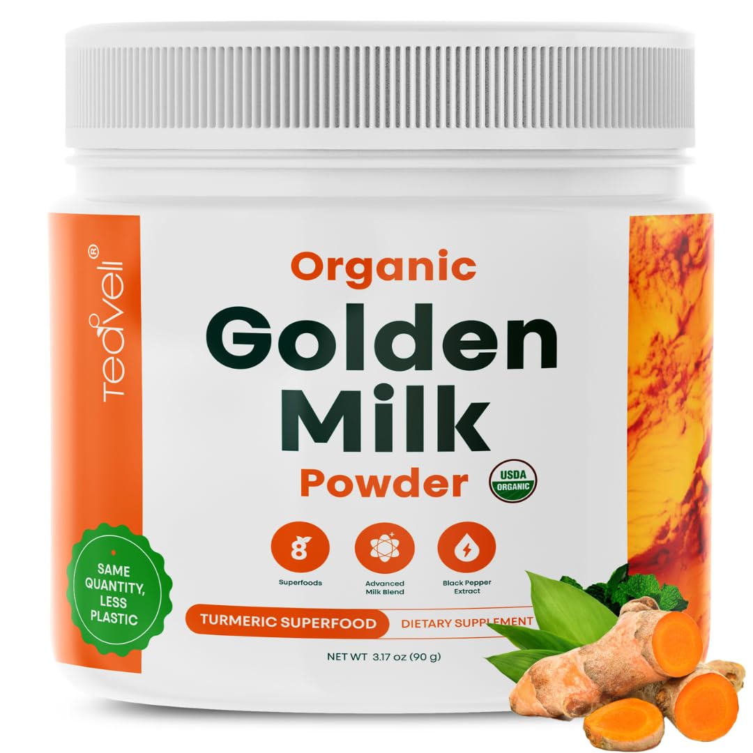 Organic Golden Milk Powder (Leche Dorada organica) with Turmeric, Ginger, Curcumin, Cinnamon, KSM66 Ashwagandha, Tulsi & Natural Prebiotics – Delicious Vegan-Friendly, Unsweetened Turmeric Tea Latte