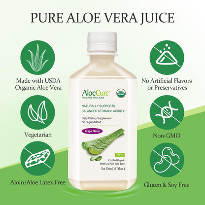 AloeCure USDA Organic Aloe Vera Juice - Grape Flavor, 16.7oz