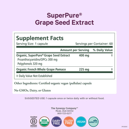 Pure Synergy SuperPure Grape Seed Extract | Organic Grape Seed Polyphenols – Heart Health, Skin & Healthy Aging (60 Capsules)