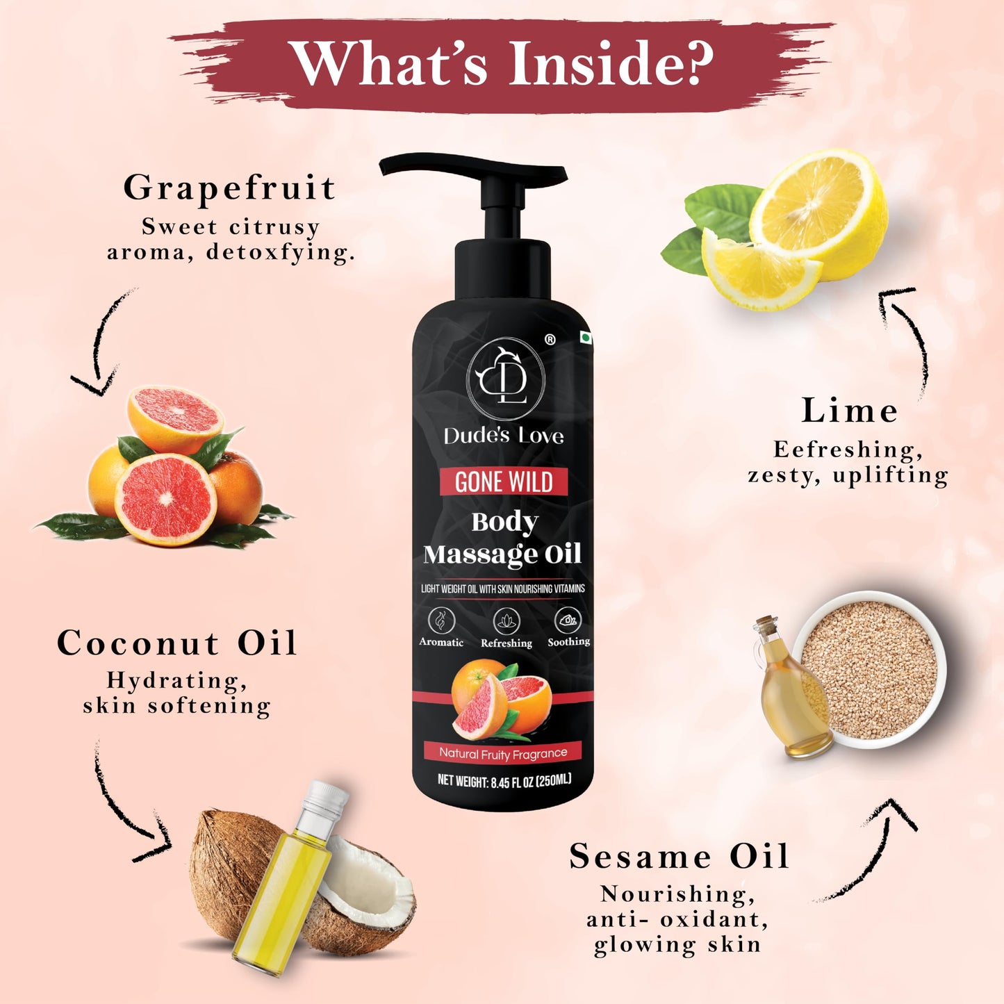 Organic Grapefruit Full Edible Body Massage Oil – Refreshing, Calming, 8.45 Fl Oz | No Stain & Non-Sticky