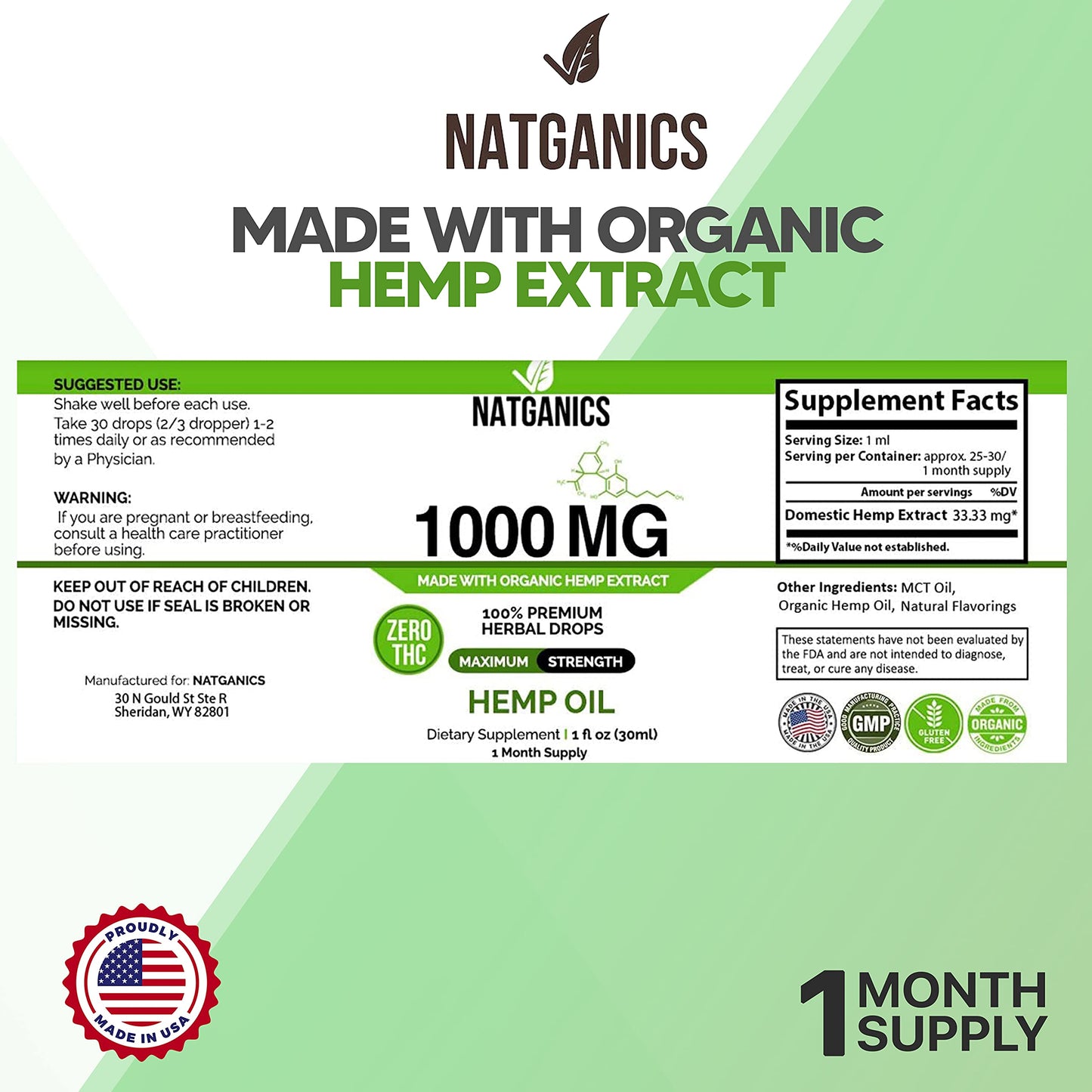 Organic Hemp Oil 1000mg - Ultra Premium CO2-Extracted Hemp Oil Drops | Made in USA