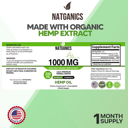 Organic Hemp Oil 1000mg - Ultra Premium CO2-Extracted Hemp Oil Drops | Made in USA