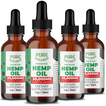 Organic Hemp Seed Oil (4 Oz) Peppermint, High Potency 30,000 mg | Non-GMO, Vegan