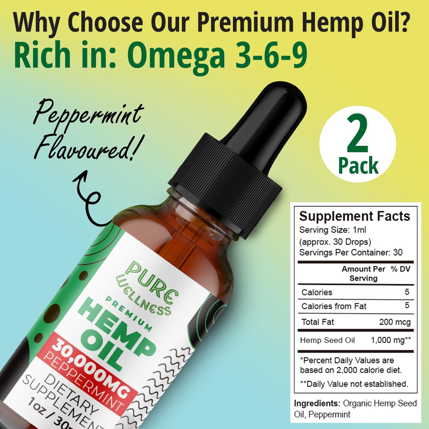 Organic Hemp Seed Oil 6 Oz - Peppermint Flavor, 30,000 mg, Non-GMO, Vegan