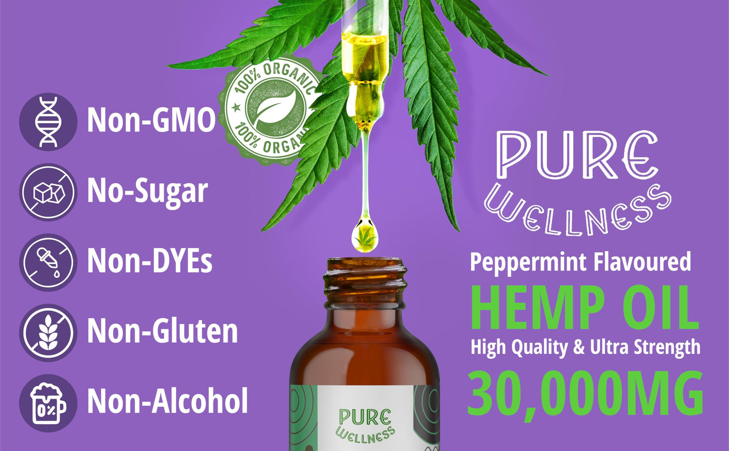 Organic Hemp Seed Oil 6 Oz - Peppermint Flavor, 30,000 mg, Non-GMO, Vegan