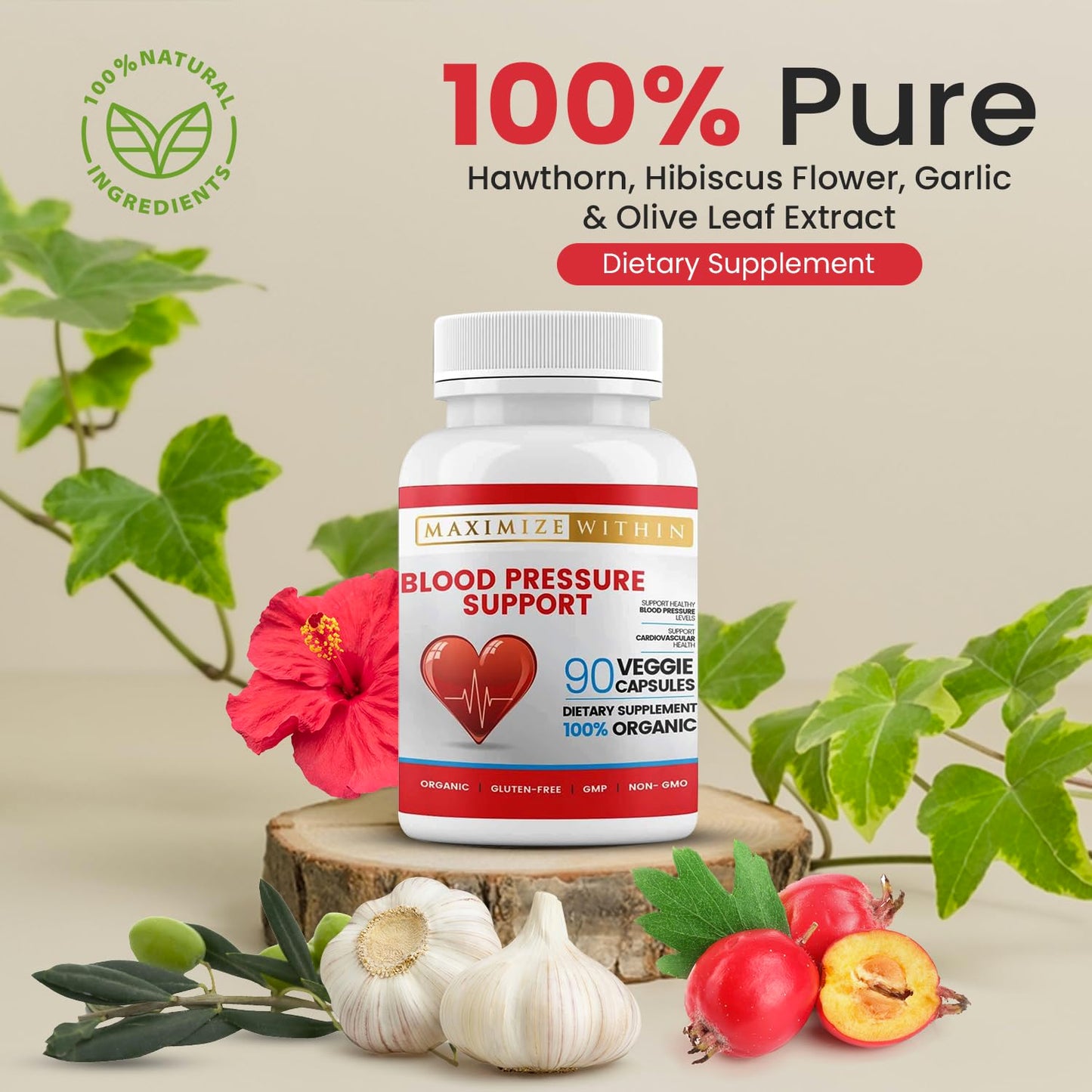 Premium Blood Pressure Support with Hawthorn, Hibiscus & Olive Leaf | 90 Capsules
