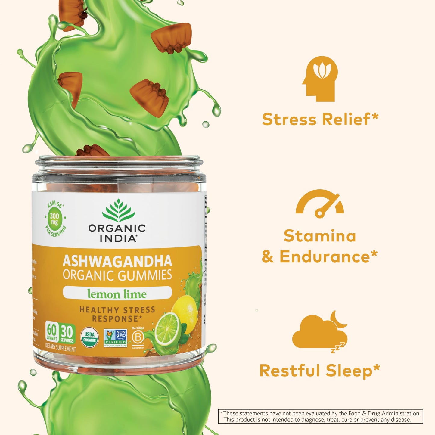 ORGANIC INDIA Ashwagandha Gummies - KSM-66 Stress Support, Lemon Lime, 60 Gummies