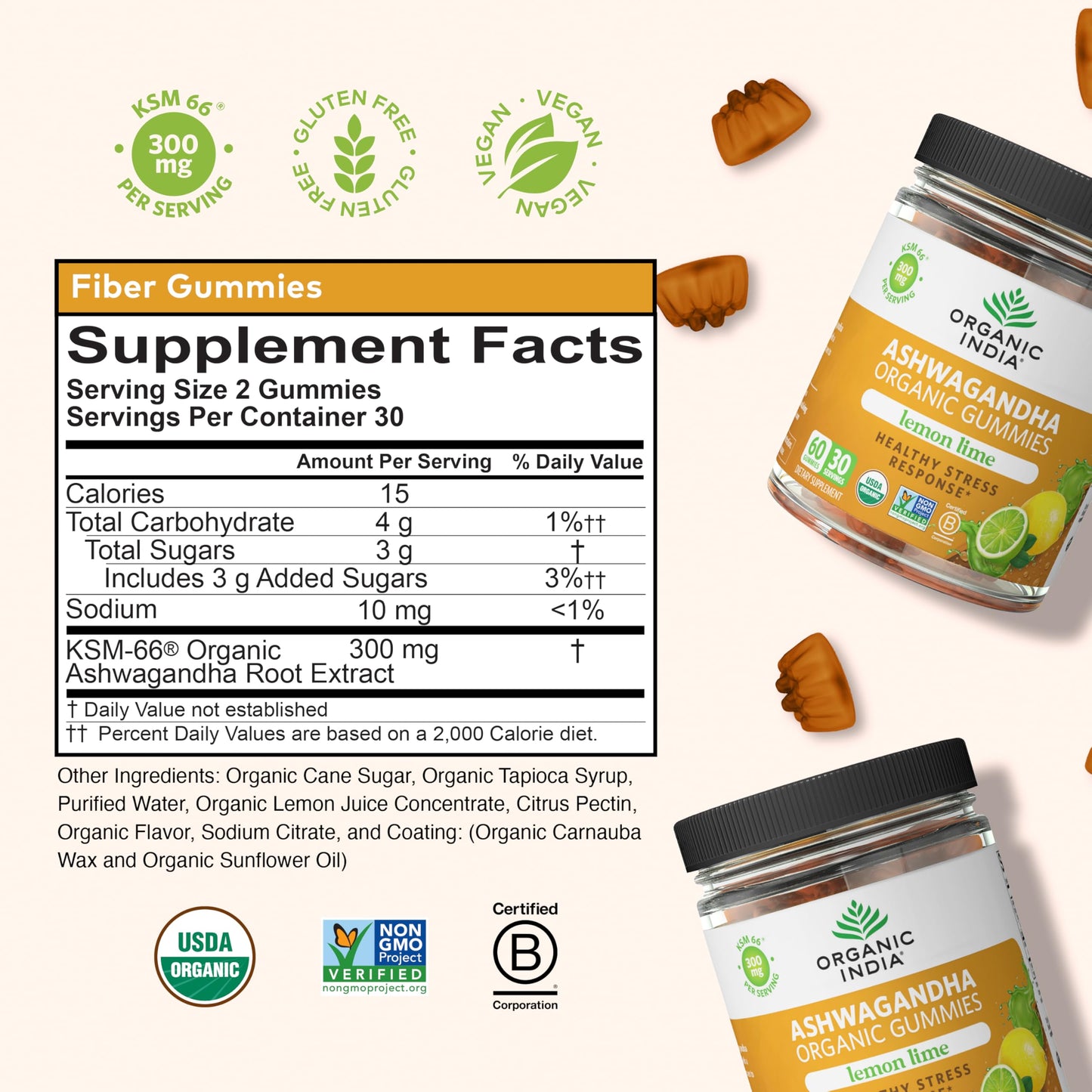 ORGANIC INDIA Ashwagandha Gummies - KSM-66 Stress Support, Lemon Lime, 60 Gummies