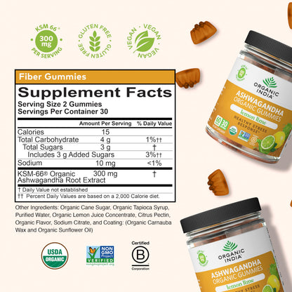 ORGANIC INDIA Ashwagandha Gummies - KSM-66 Stress Support, Lemon Lime, 60 Gummies