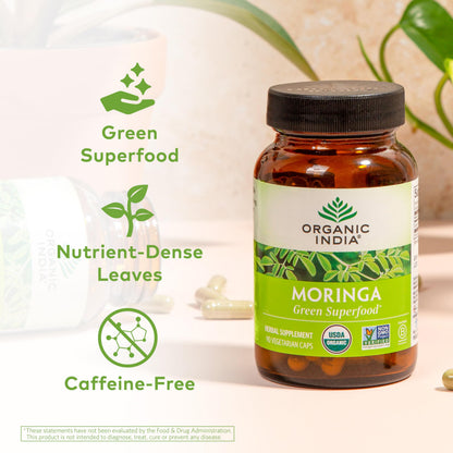 Organic India Moringa Capsules Organic – Green Superfood, Vegan, Gluten-Free | 90 Capsules