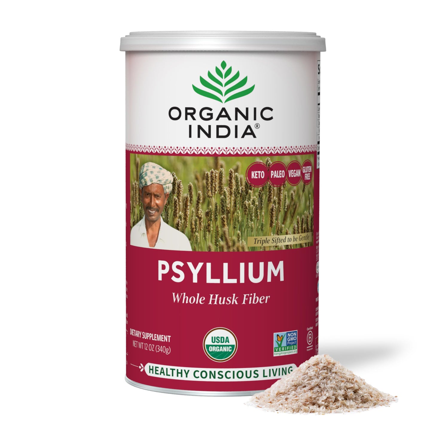 ORGANIC INDIA Psyllium Whole Husk Fiber – Digestion Support, Vegan, Gluten-Free, USDA Organic (12 oz)