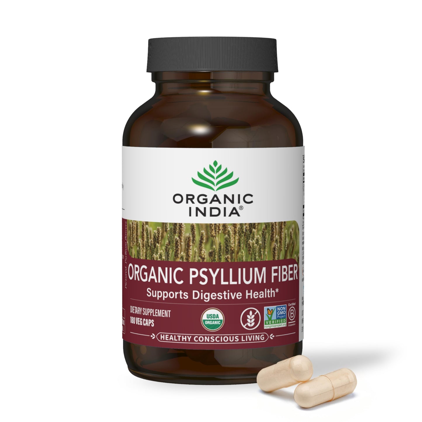 ORGANIC INDIA Psyllium Husk Capsules - Fiber Supplement | Vegan, Gluten-Free, USDA Organic