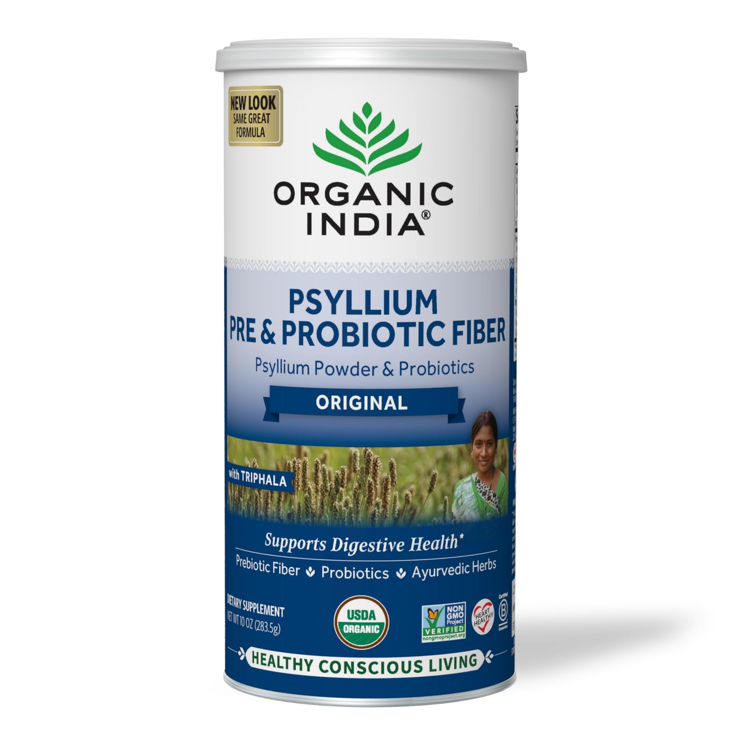 ORGANIC INDIA Psyllium Husk Powder - Organic Fiber Supplement, Whole Psyllium Husk Powder Unflavored, Pre & Probiotic, USDA Organic, Gluten Free - 10 Oz
