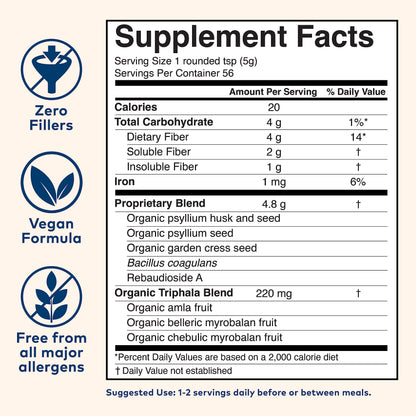 ORGANIC INDIA Psyllium Husk Powder - Organic Fiber Supplement, Whole Psyllium Husk Powder Unflavored, Pre & Probiotic, USDA Organic, Gluten Free - 10 Oz