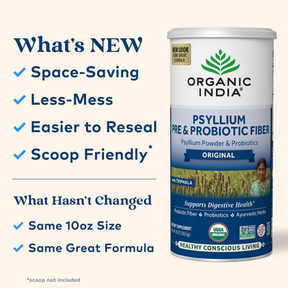 ORGANIC INDIA Psyllium Husk Powder - Organic Fiber Supplement, Whole Psyllium Husk Powder Unflavored, Pre & Probiotic, USDA Organic, Gluten Free - 10 Oz