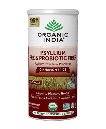 ORGANIC INDIA Psyllium Husk Powder – Organic Fiber Supplement with Cinnamon, Probiotic & Prebiotic, Vegan, Gluten Free, 10 oz