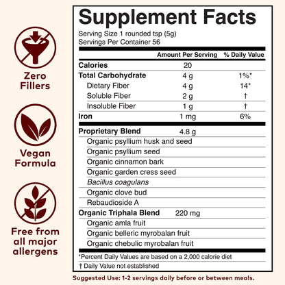 ORGANIC INDIA Psyllium Husk Powder – Organic Fiber Supplement with Cinnamon, Probiotic & Prebiotic, Vegan, Gluten Free, 10 oz