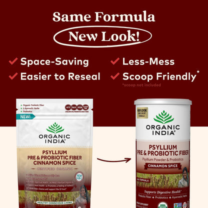 ORGANIC INDIA Psyllium Husk Powder – Organic Fiber Supplement with Cinnamon, Probiotic & Prebiotic, Vegan, Gluten Free, 10 oz