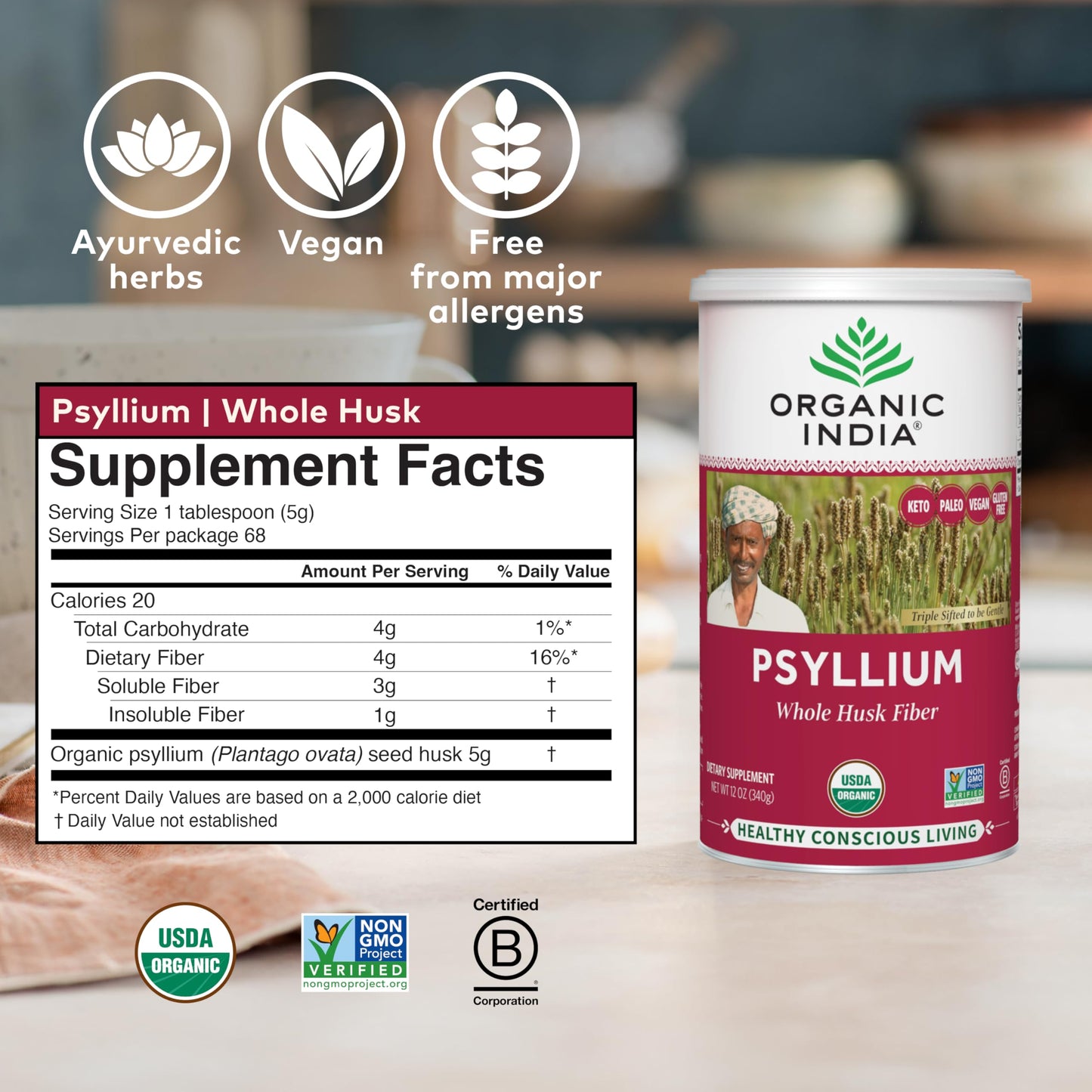 ORGANIC INDIA Psyllium Whole Husk Fiber – Digestion Support, Vegan, Gluten-Free, USDA Organic (12 oz)
