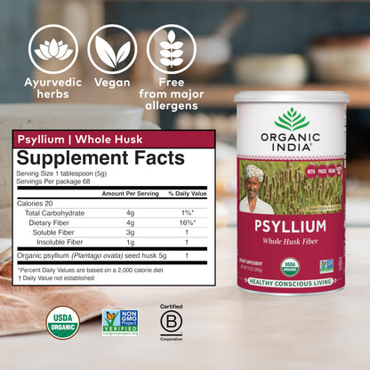 ORGANIC INDIA Psyllium Whole Husk Fiber – Digestion Support, Vegan, Gluten-Free, USDA Organic (12 oz)