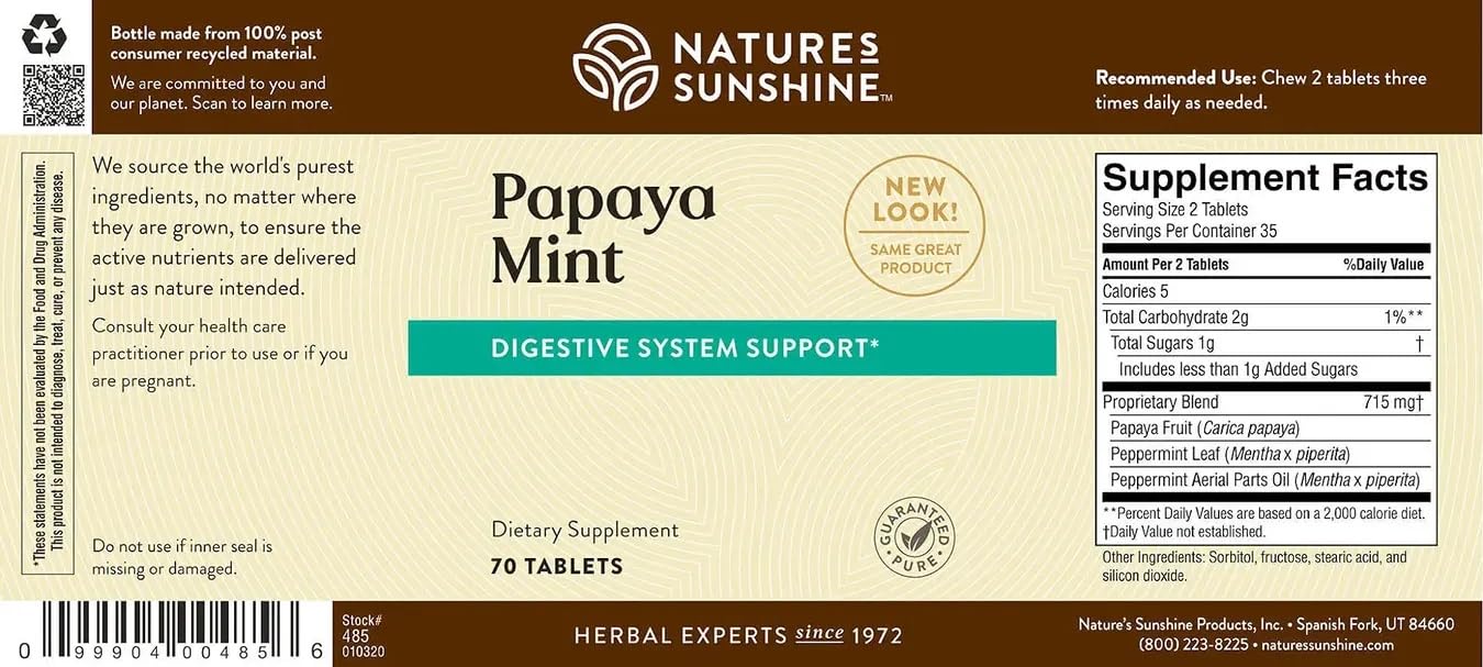 Nature's Sunshine Papaya Mint, 70 Chewable Tablets - Digestive Support & Fresh Breath