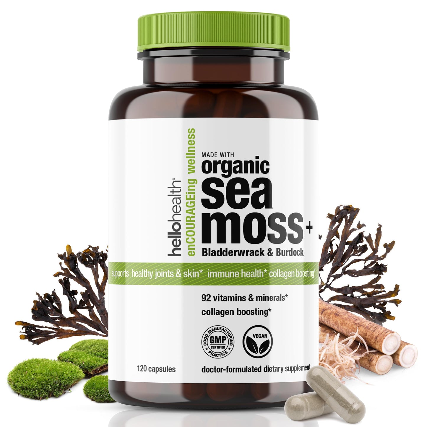 Organic Irish Sea Moss Capsules - Wildcrafted Sea Moss, Burdock Root & Bladderwrack for Immune & Thyroid Support (120 Caps)