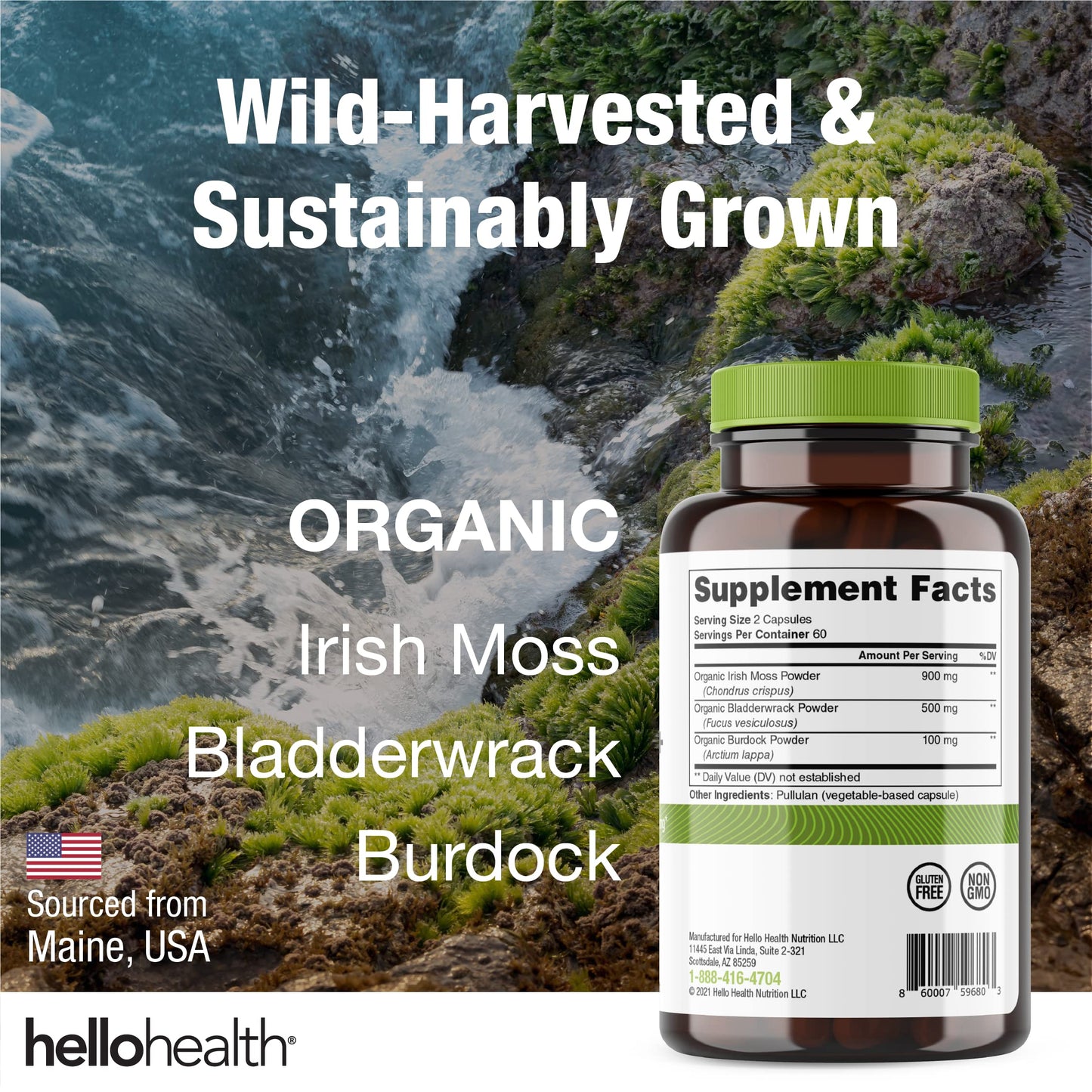 Organic Irish Sea Moss Capsules - Wildcrafted Sea Moss, Burdock Root & Bladderwrack for Immune & Thyroid Support (120 Caps)