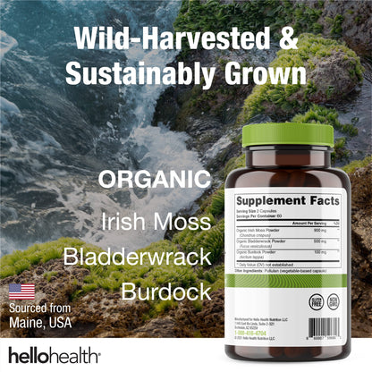 Organic Irish Sea Moss Capsules - Wildcrafted Sea Moss, Burdock Root & Bladderwrack for Immune & Thyroid Support (120 Caps)