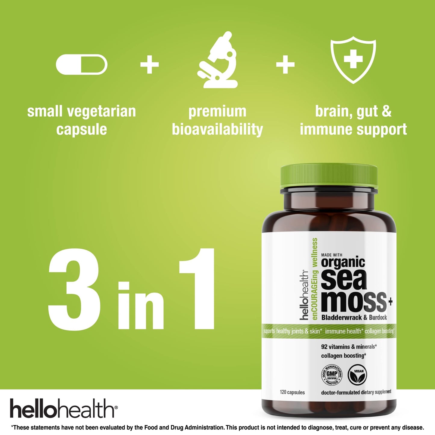Organic Irish Sea Moss Capsules - Wildcrafted Sea Moss, Burdock Root & Bladderwrack for Immune & Thyroid Support (120 Caps)