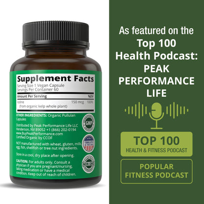USDA Organic Raw Whole Food Iodine Supplement from Organic Kelp (Ascophyllum Nodosum) – 60 Vegan Capsules