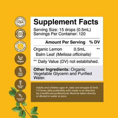 Organic Lemon Balm Leaf Liquid Extract for Immune Support - Lemon Balm Tincture for Mood & Relaxation Support - Organic Tincture Leaf Drops for Adults & Kids Dietary Supplement - 2OZ - 120 Day Supply