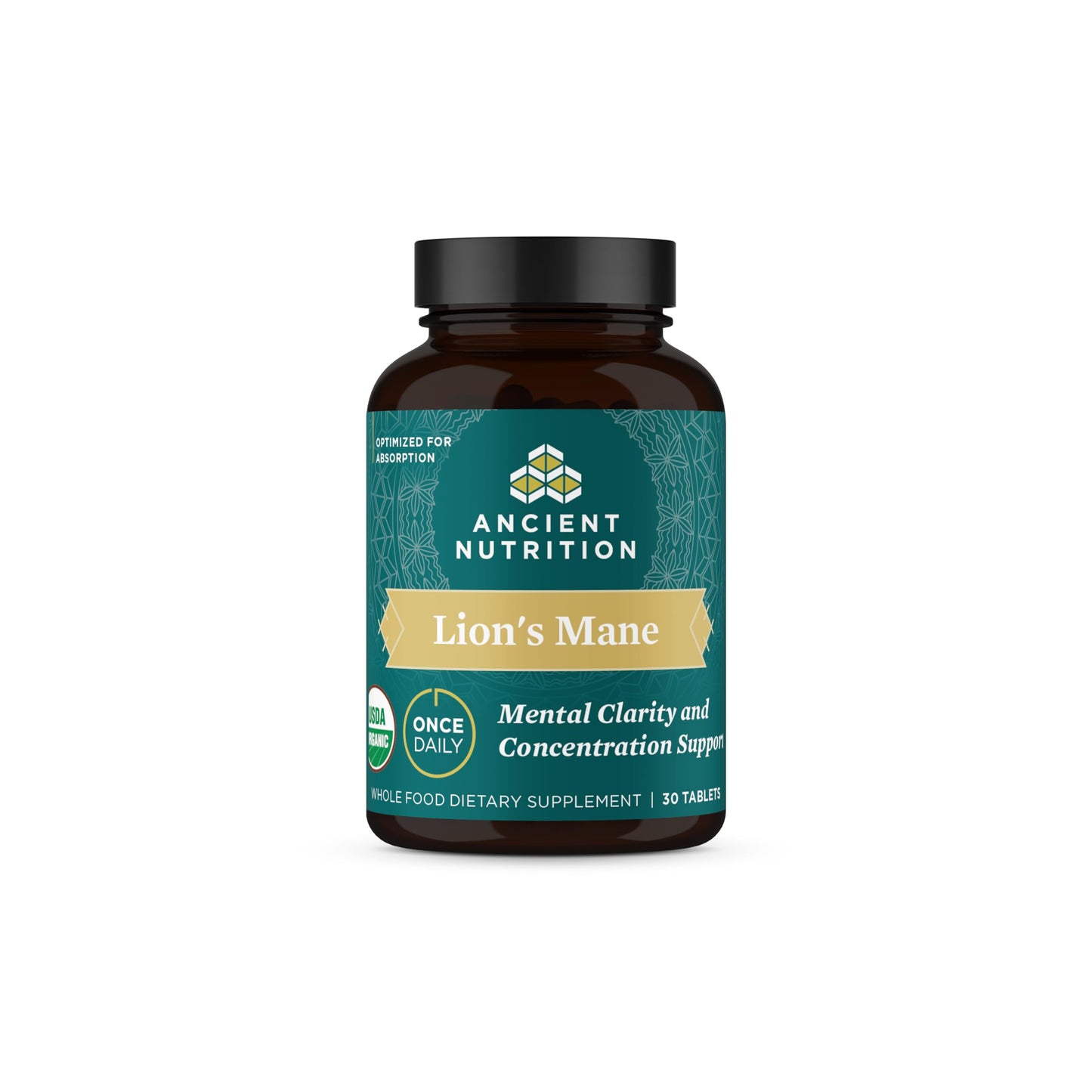 Organic Lion's Mane Mushroom Supplement with Ashwagandha - Ancient Nutrition, 30 Tablets