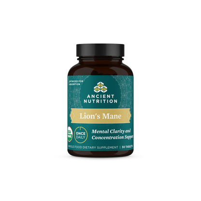 Organic Lion's Mane Mushroom Supplement with Ashwagandha - Ancient Nutrition, 30 Tablets