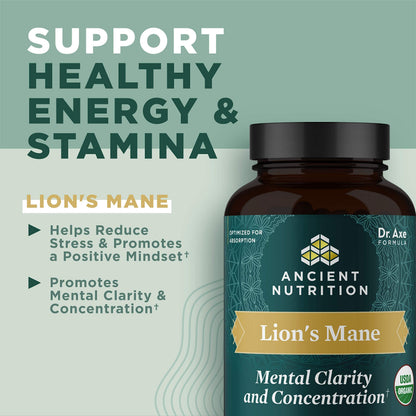 Organic Lion's Mane Mushroom Supplement with Ashwagandha - Ancient Nutrition, 30 Tablets