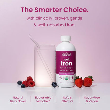 Organic Liquid Iron Supplement for Women, Men & Kids | Sugar-Free Berry Flavor