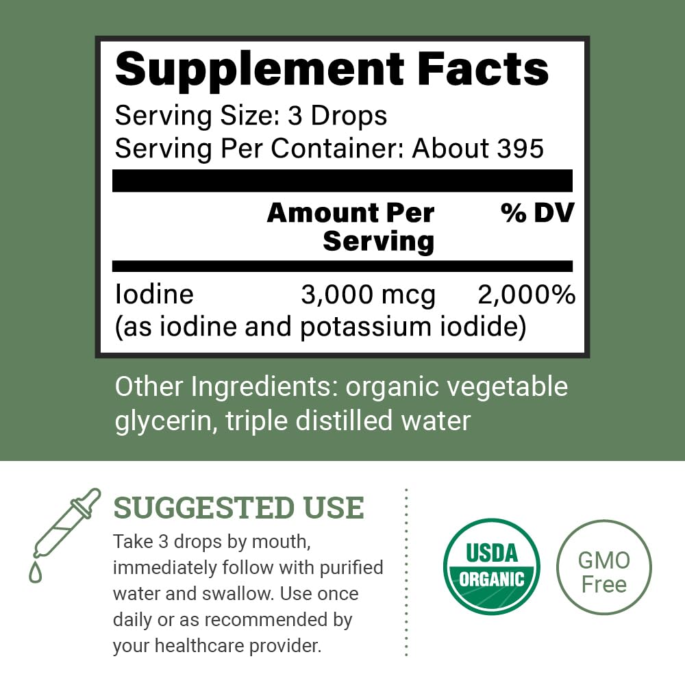 Organic Lugol's Iodine 2% Solution – Iodine & Potassium Iodide Drops for Thyroid Support | Non-GMO, 395 Servings (2 oz)