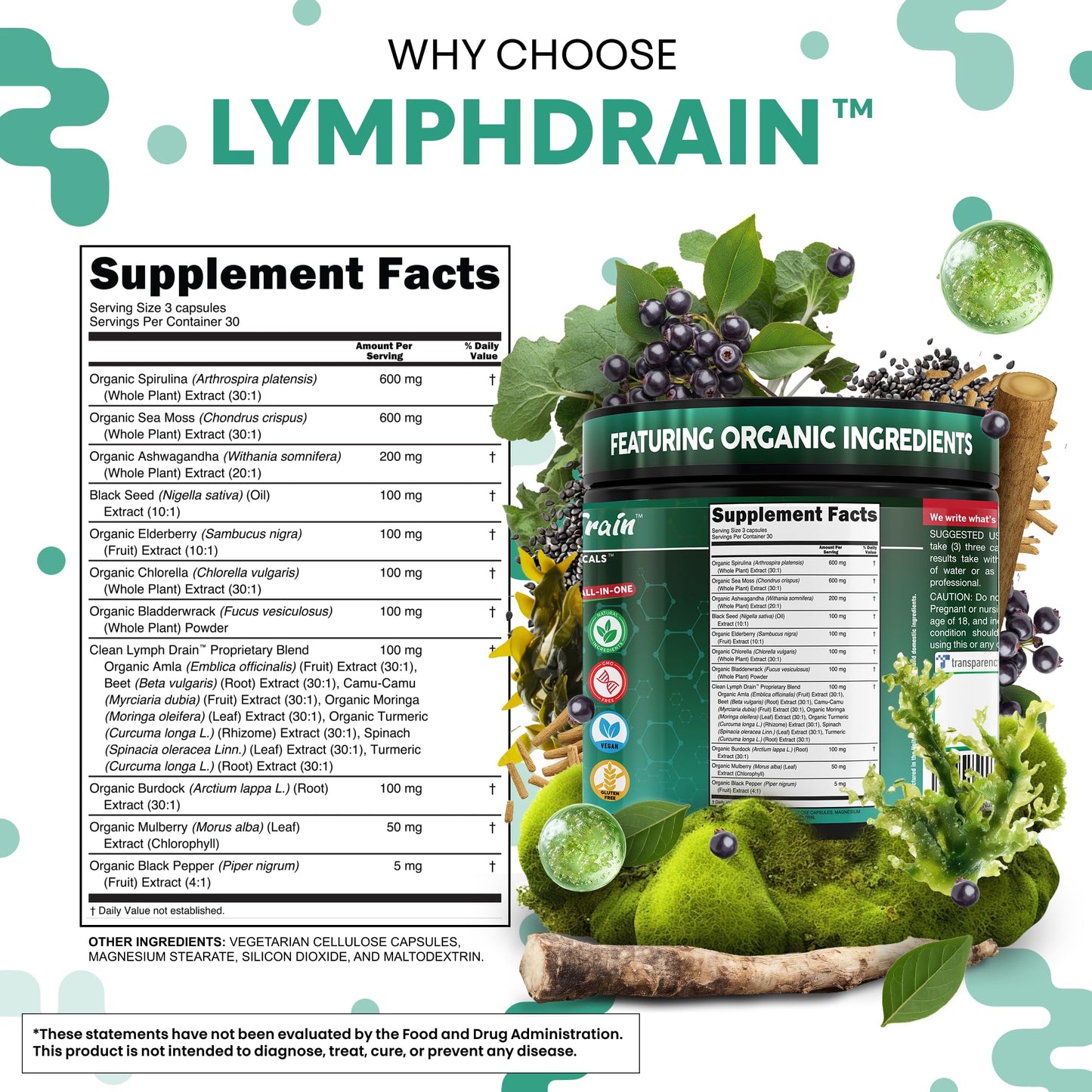 Organic Lymphatic Drainage Supplements | Elderberry, Sea Moss, Spirulina | Clean Nutra