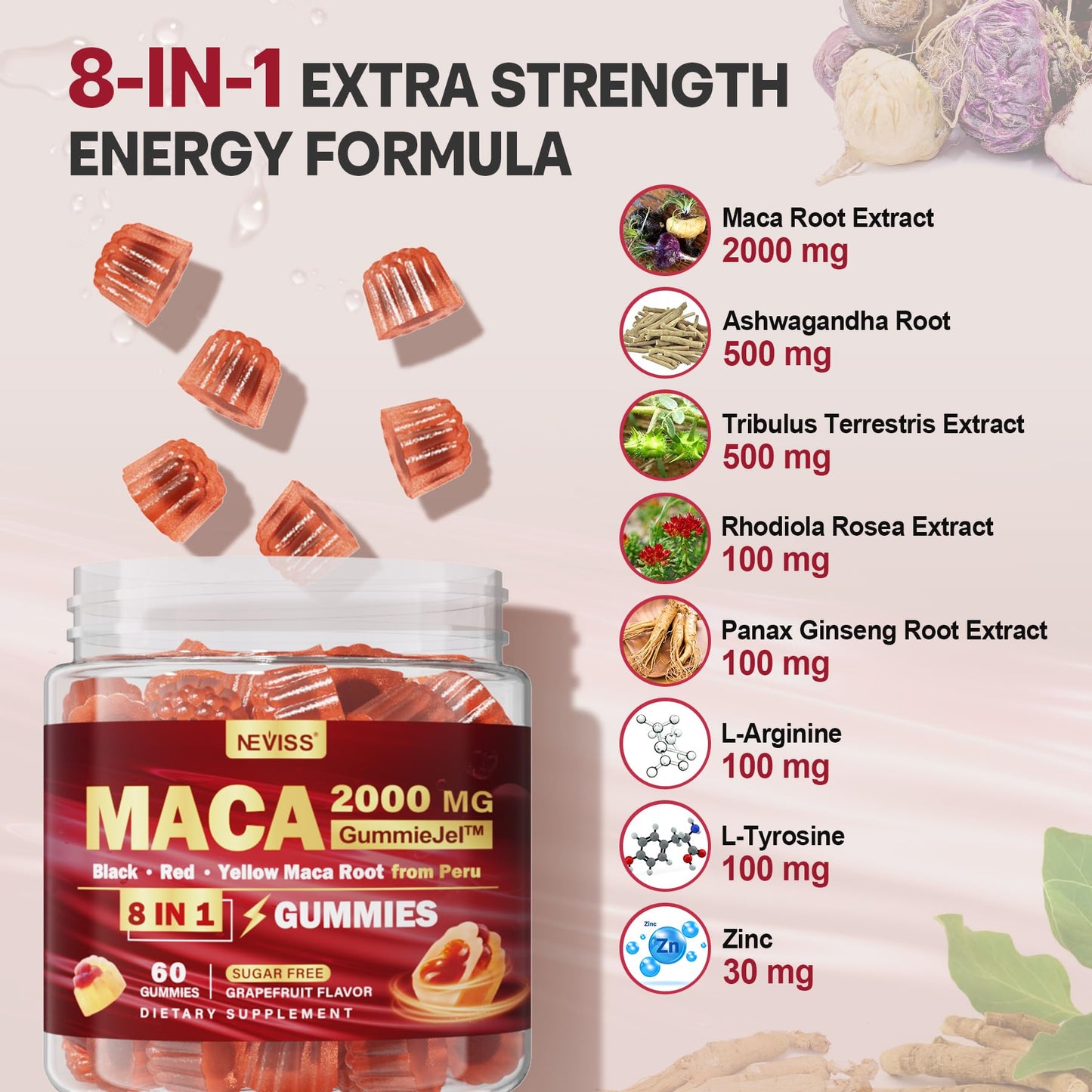 Maca Root Filled Gummies 2000mg for Women & Men – Sugar Free, Ashwagandha & Zinc | Grapefruit Flavor (60 Count)