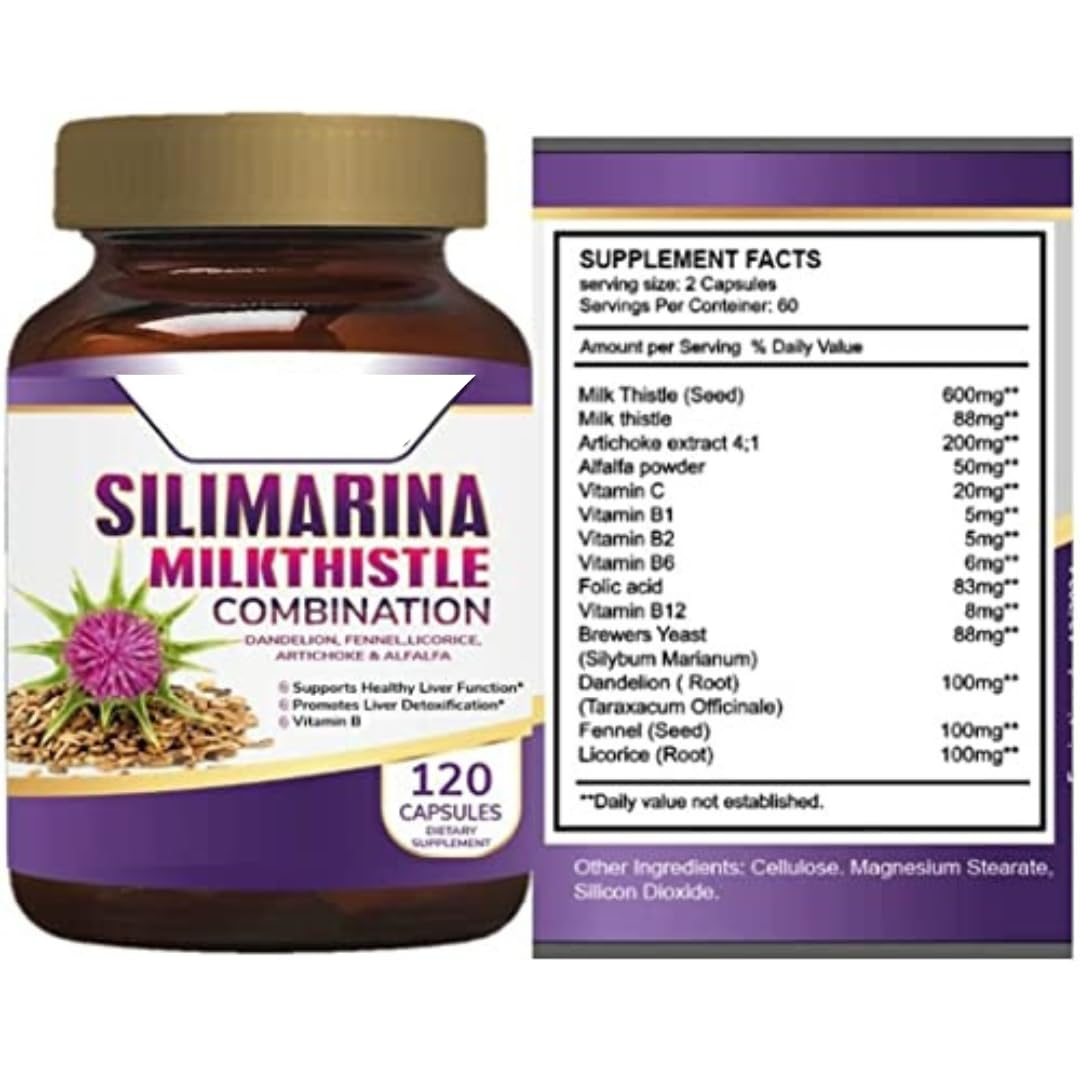 Fatty Liver Support Pills with Silymarin – 120 Capsules (Milk Thistle, Dandelion, Fennel, B Complex, Licorice)