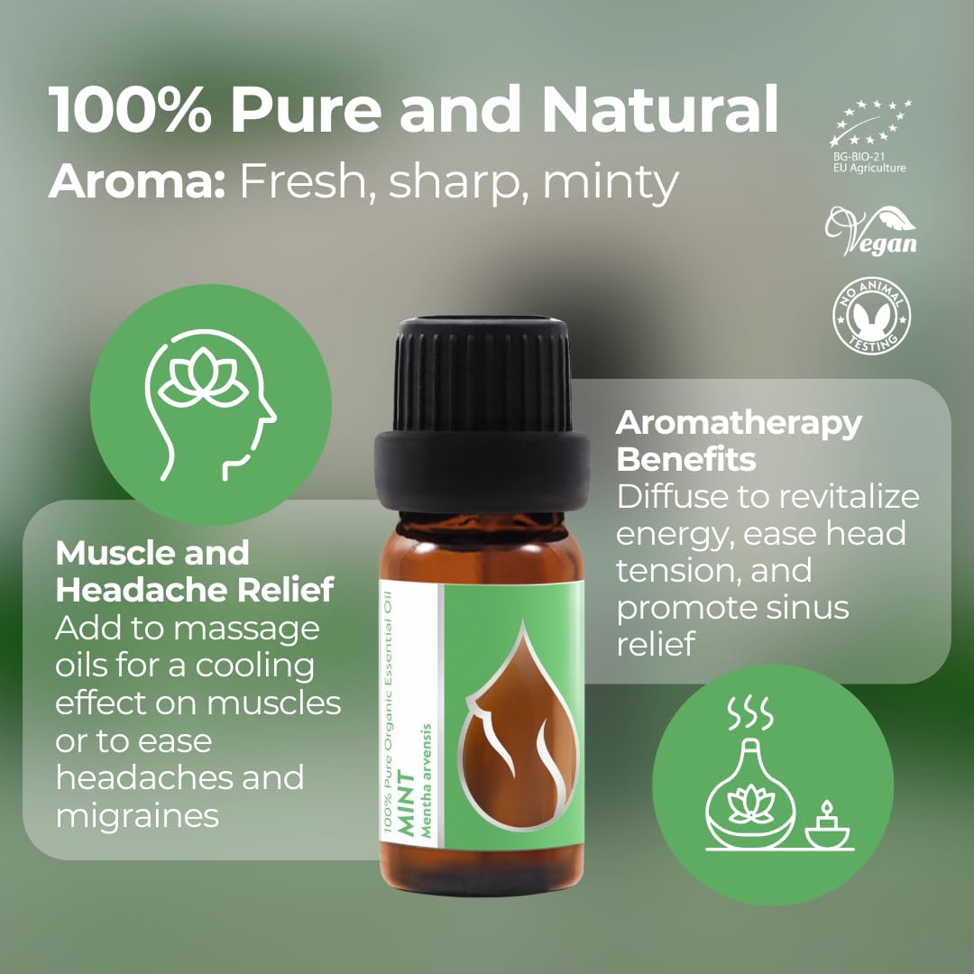 Organic Mint Essential Oil 1/3 Oz (10ml) Mentha arvensis – 100% Pure & Undiluted Aromatherapy