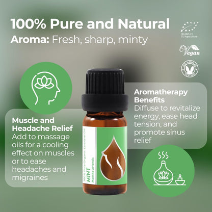 Organic Mint Essential Oil 1/3 Oz (10ml) Mentha arvensis – 100% Pure & Undiluted Aromatherapy