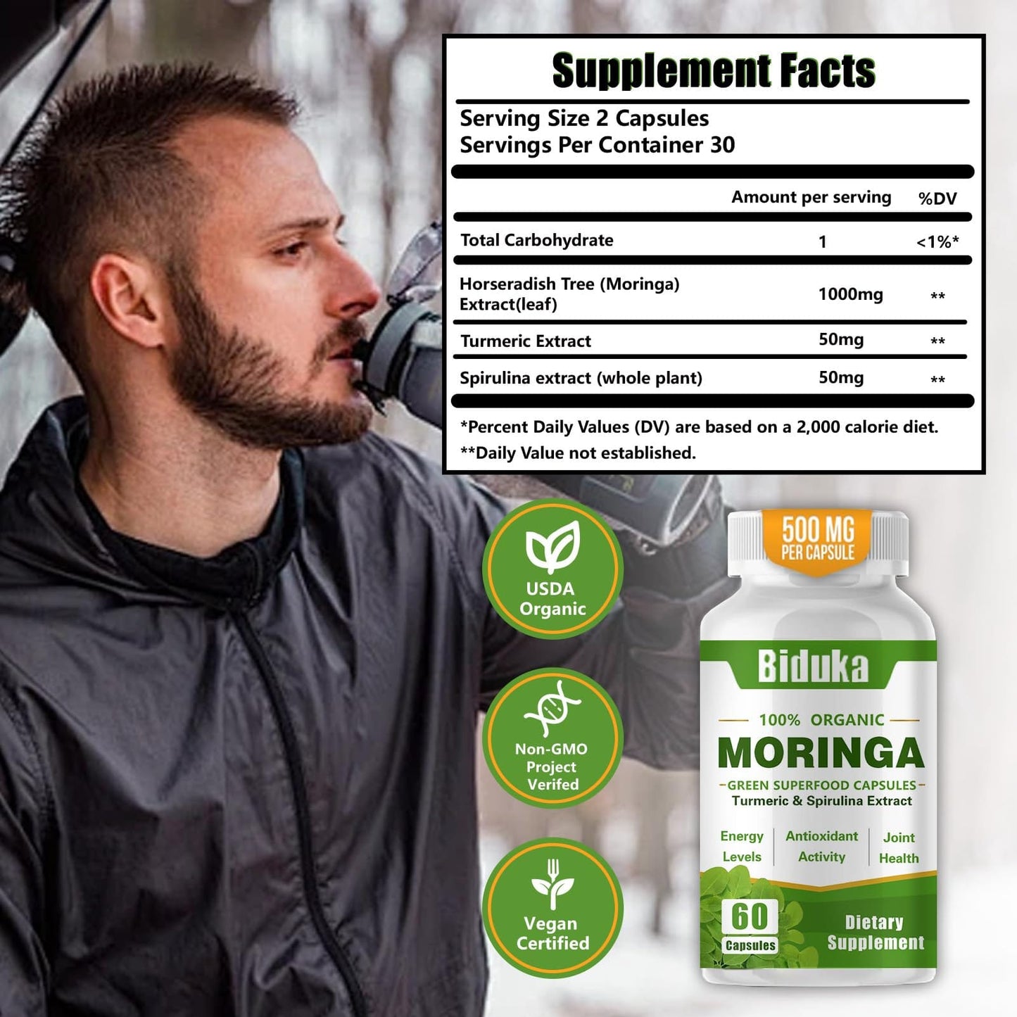 Organic Moringa Capsules 1000mg | Antioxidant Superfood for Energy, Metabolism & Immune Support – Vegan, Non-GMO (60 Caps)